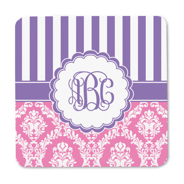 Pink & Purple Damask Square Fridge Magnet - FRONT
