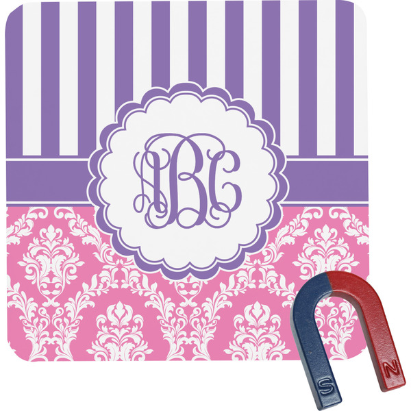 Custom Pink & Purple Damask Square Fridge Magnet (Personalized)