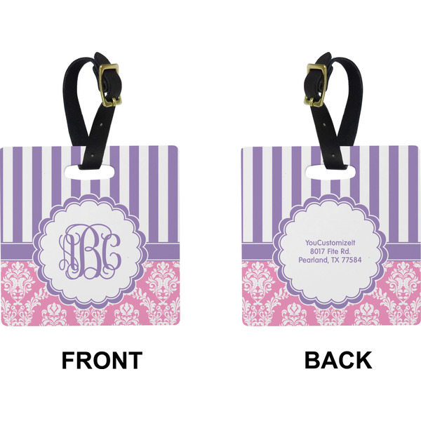 Pink & Purple Damask Square Luggage Tag (Front + Back)