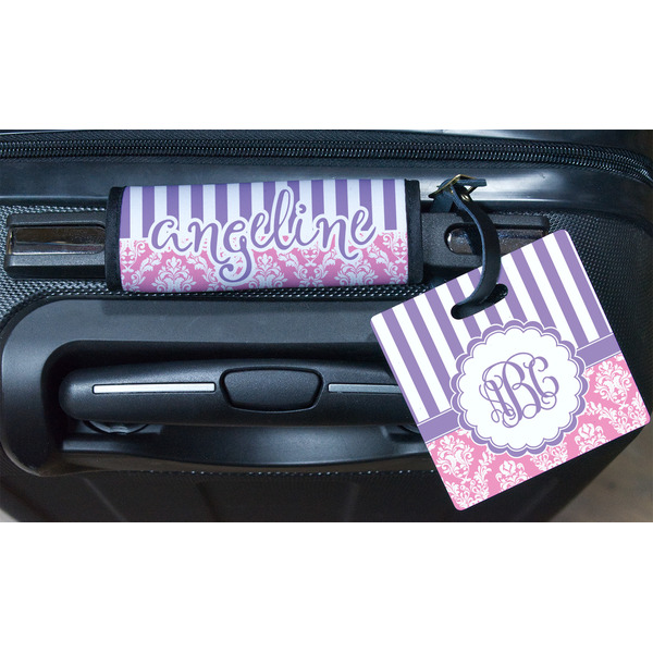 Pink & Purple Damask Square Luggage Tag & Handle Wrap - In Context
