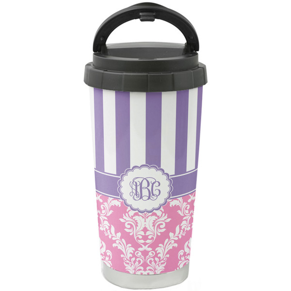 Custom Pink & Purple Damask Stainless Steel Coffee Tumbler (Personalized)