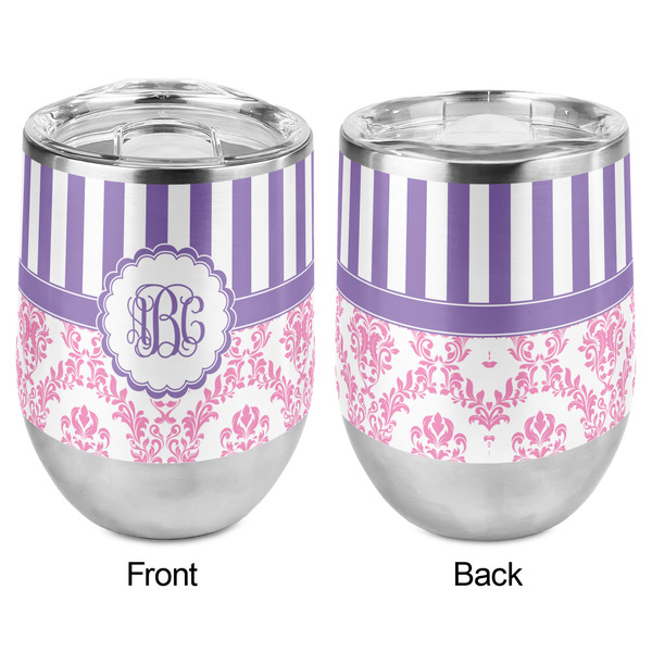 Pink & Purple Damask Stemless Wine Tumbler - Full Print - Approval