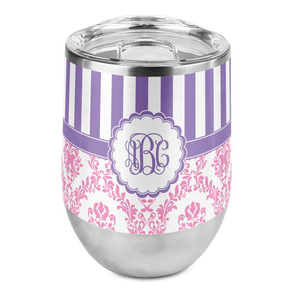 Custom Pink & Purple Damask Stemless Wine Tumbler - Full Print (Personalized)