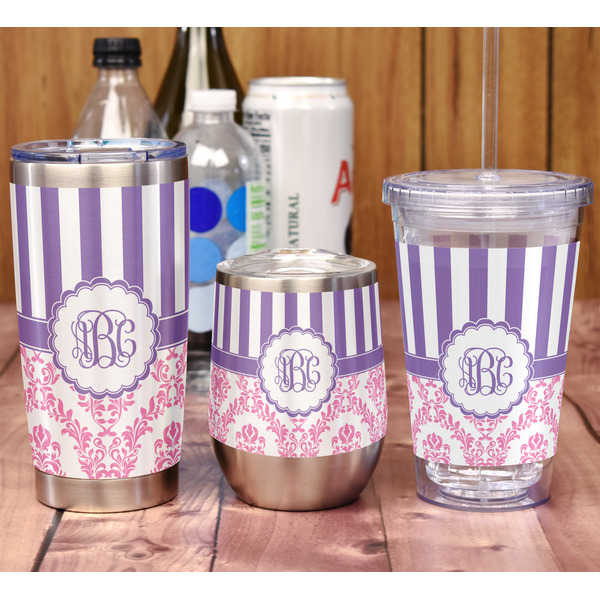 Pink & Purple Damask Stemless Wine Tumbler - Full Print - In Context