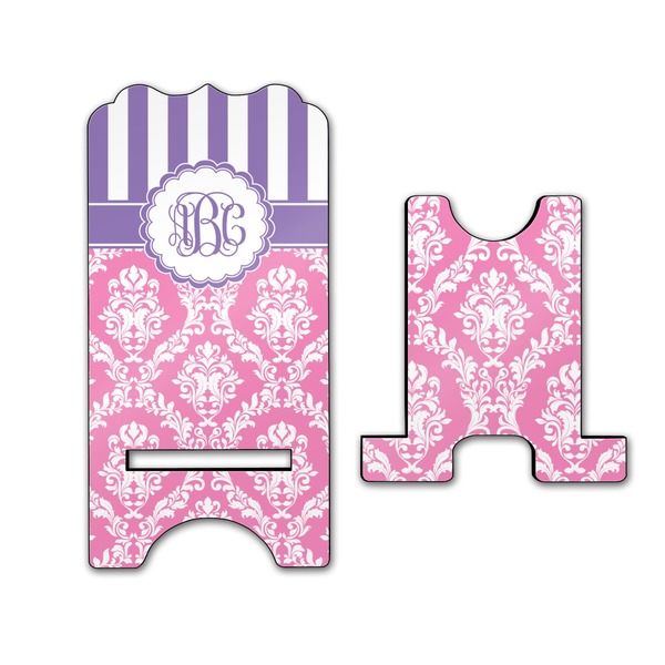Pink & Purple Damask Stylized Phone Stand - Front & Back - Large