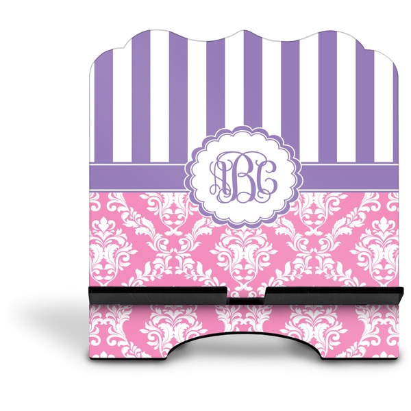 Pink & Purple Damask Stylized Tablet Stand - Front without iPad