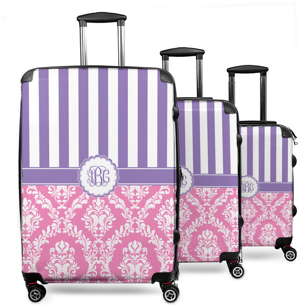 Custom Pink & Purple Damask 3 Piece Luggage Set - 20" Carry On, 24" Medium Checked, 28" Large Checked (Personalized)
