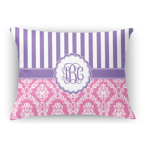 Custom Pink & Purple Damask Rectangular Throw Pillow Case - 12"x18" (Personalized)