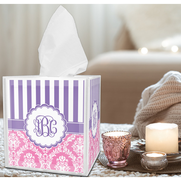 Pink & Purple Damask Tissue Box - LIFESTYLE