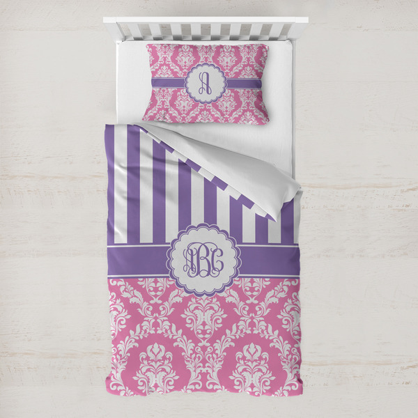 Custom Pink & Purple Damask Toddler Bedding Set - With Pillowcase (Personalized)