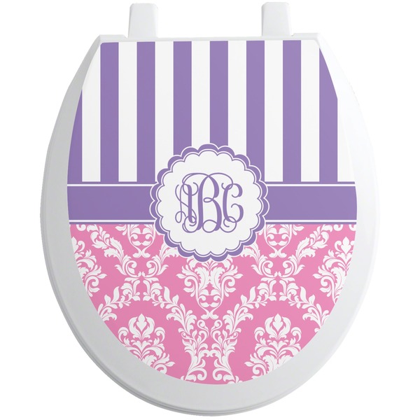 Custom Pink & Purple Damask Toilet Seat Decal - Round (Personalized)
