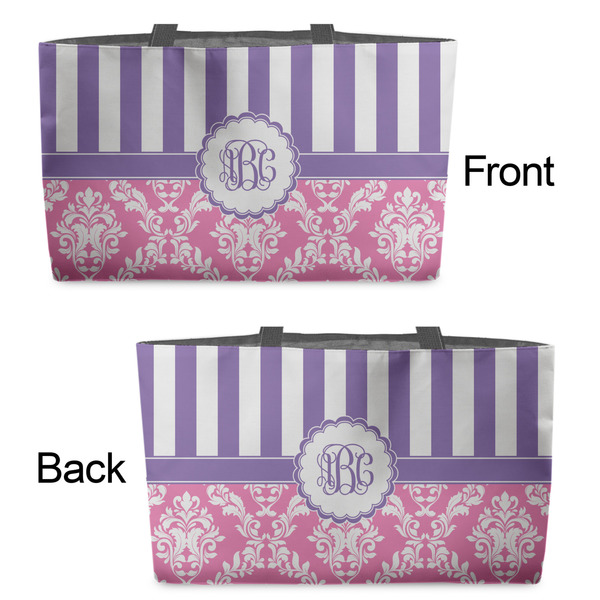 Pink & Purple Damask Tote w/Black Handles - Front & Back Views
