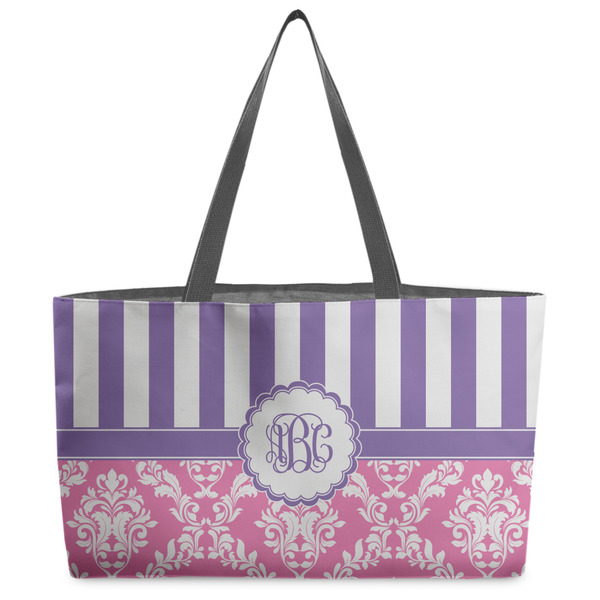 Custom Pink & Purple Damask Beach Totes Bag - w/ Black Handles (Personalized)