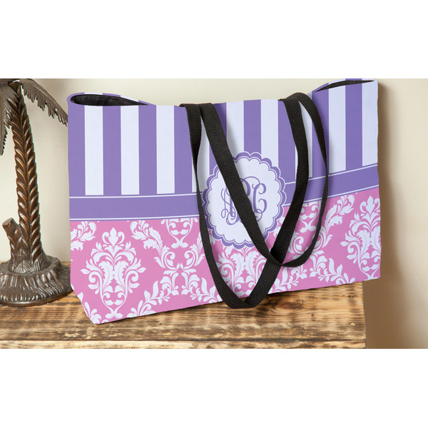 Pink & Purple Damask Tote w/Black Handles - Lifestyle View