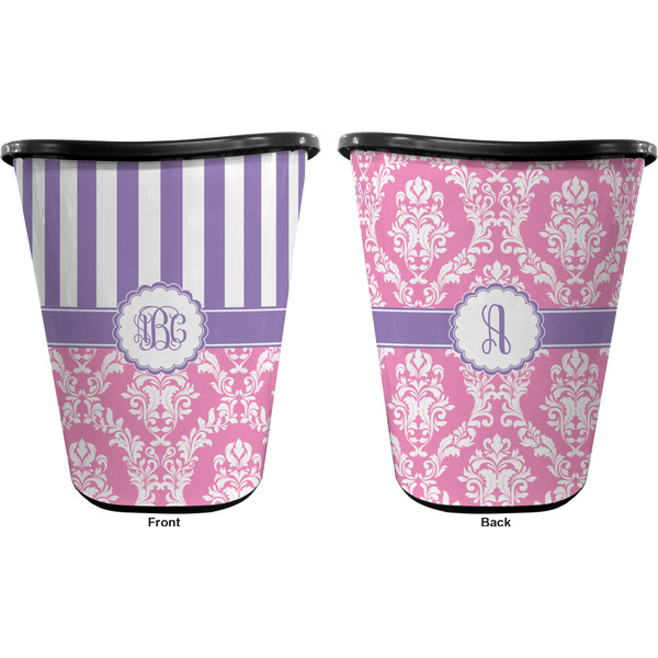Pink & Purple Damask Trash Can Black - Front and Back - Apvl