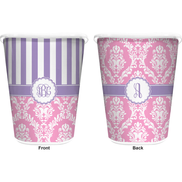 Pink & Purple Damask Trash Can White - Front and Back - Apvl