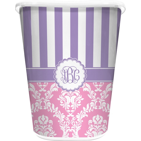 Custom Pink & Purple Damask Waste Basket - Single Sided (White) (Personalized)
