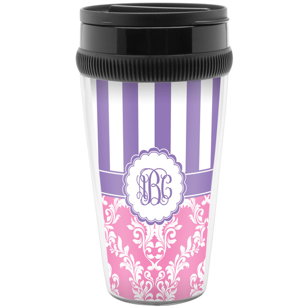 Custom Pink & Purple Damask Acrylic Travel Mug without Handle (Personalized)