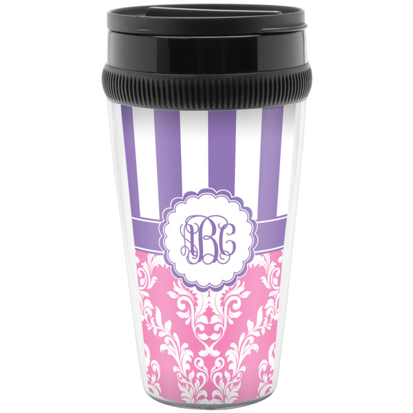 Custom Pink & Purple Damask Acrylic Travel Mug without Handle (Personalized)