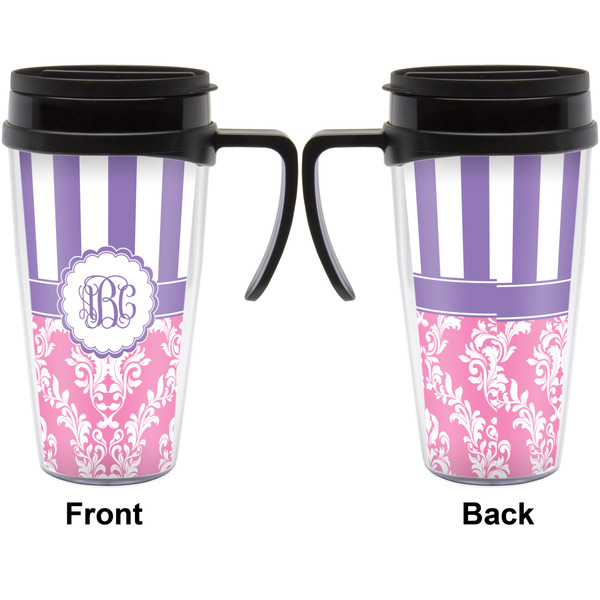 Pink & Purple Damask Travel Mug with Black Handle - Approval