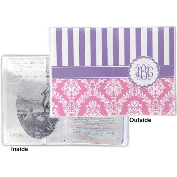 Pink & Purple Damask Vinyl Passport Holder - Flat Front and Back