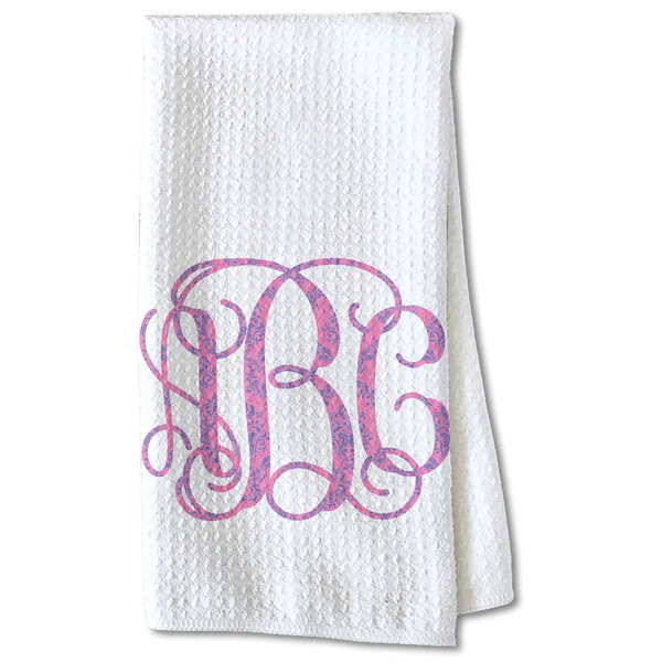 Custom Pink & Purple Damask Kitchen Towel - Waffle Weave - Partial Print (Personalized)