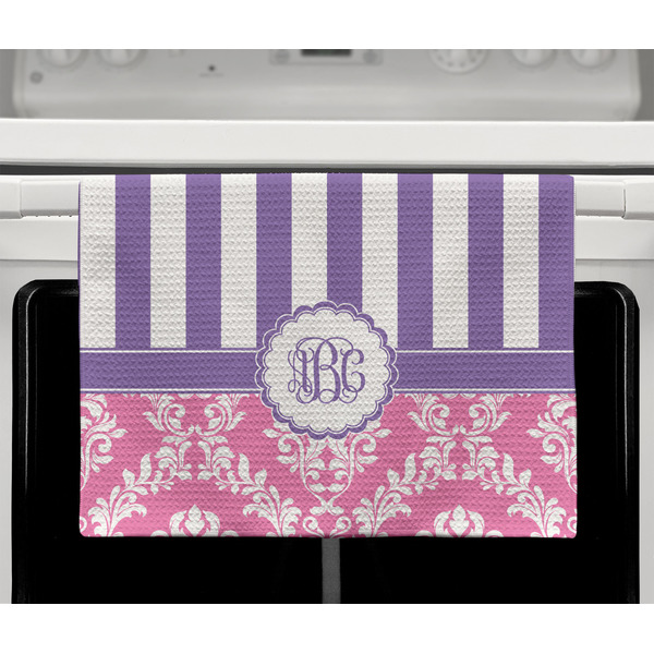 Pink & Purple Damask Waffle Weave Towel - Full Color Print - Lifestyle2 Image