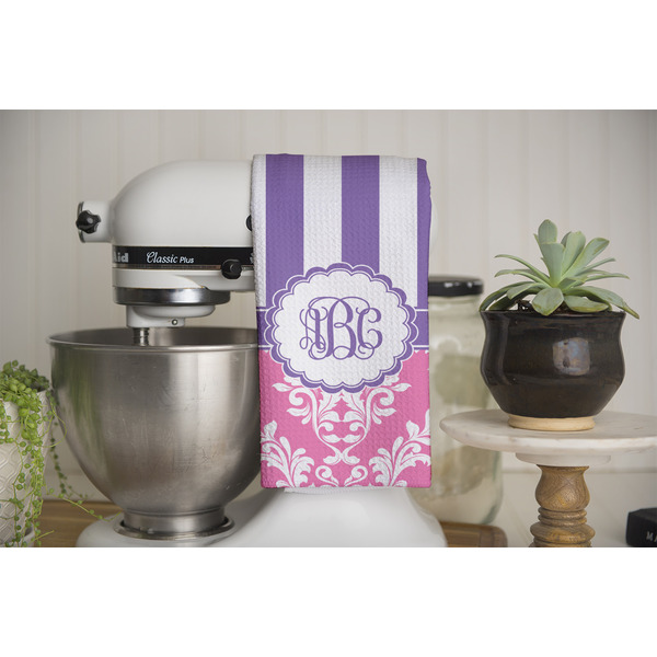 Pink & Purple Damask Waffle Weave Towel - Full Color Print - Lifestyle Image
