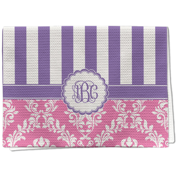 Custom Pink & Purple Damask Kitchen Towel - Waffle Weave - Full Color Print (Personalized)