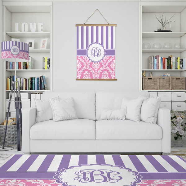 Pink & Purple Damask Wall Hanging Tapestry - Portrait - IN CONTEXT