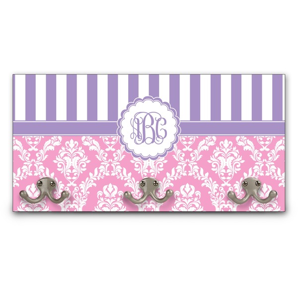 Custom Pink & Purple Damask Wall Mounted Coat Rack (Personalized)