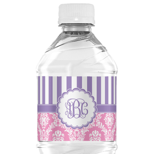 Custom Pink & Purple Damask Water Bottle Labels - Custom Sized (Personalized)