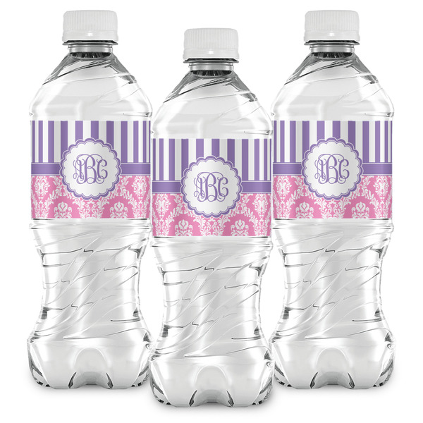 Pink & Purple Damask Water Bottle Labels - Front View