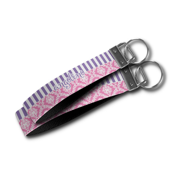 Pink & Purple Damask Webbing Keychain FOBs - Size Comparison