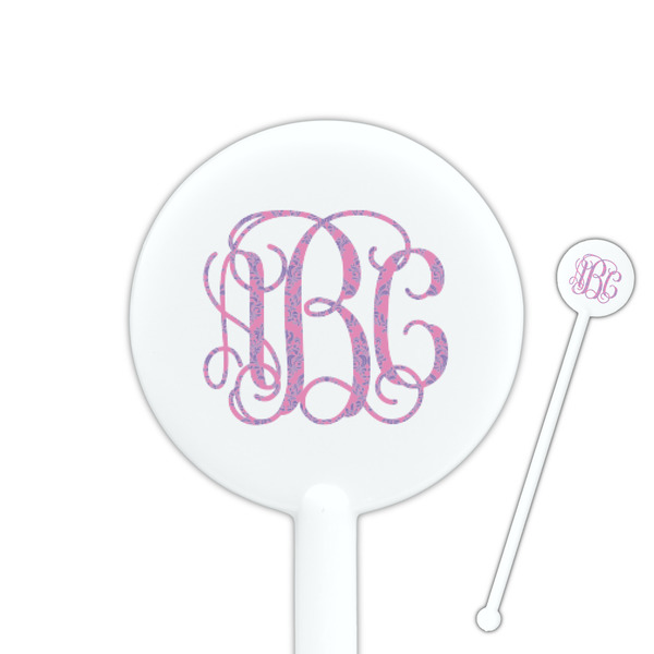 Custom Pink & Purple Damask 5.5" Round Plastic Stir Sticks - White - Single Sided (Personalized)