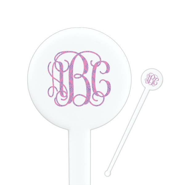 Custom Pink & Purple Damask 7" Round Plastic Stir Sticks - White - Single Sided (Personalized)