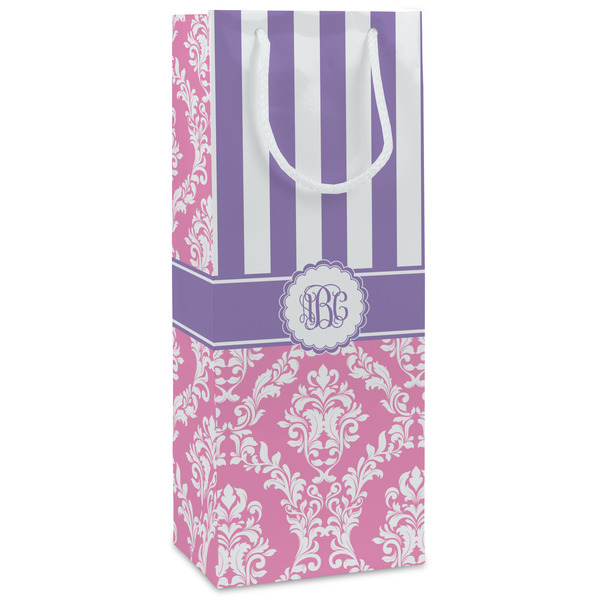 Custom Pink & Purple Damask Wine Gift Bags - Matte (Personalized)