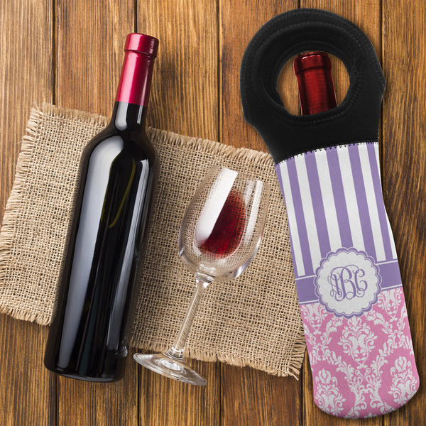 Pink & Purple Damask Wine Tote Bag - FLATLAY
