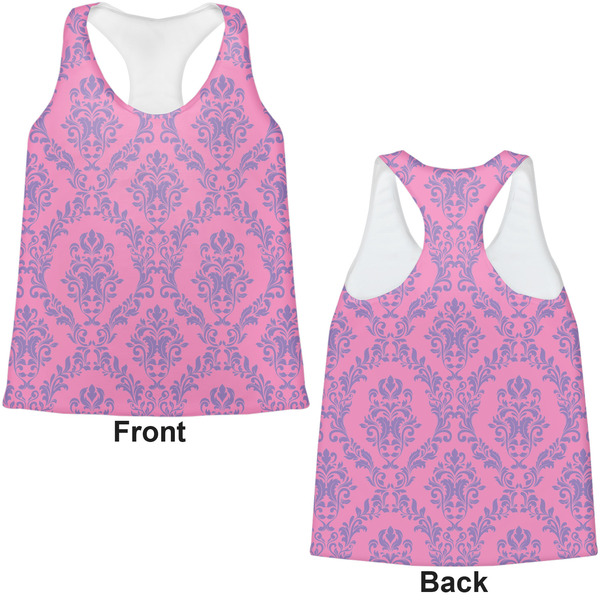 Pink & Purple Damask Womens Racerback Tank Tops - Medium - Front and Back
