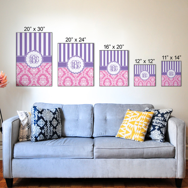 Pink & Purple Damask Wood Prints - Size Comparison