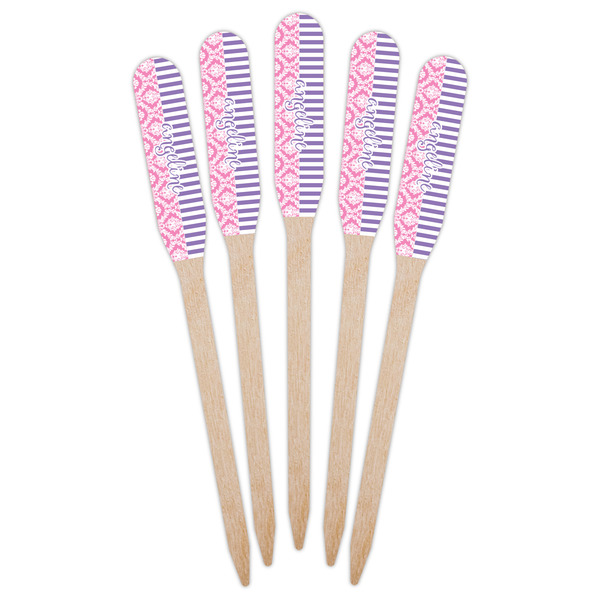 Pink & Purple Damask Wooden Food Pick - Paddle - Fan View
