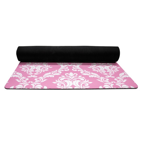 Pink & Purple Damask Yoga Mat Rolled up Black Rubber Backing