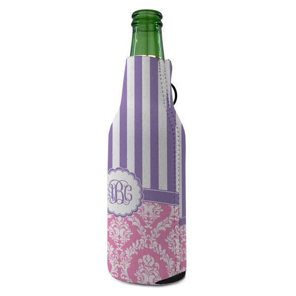 Pink & Purple Damask Zipper Bottle Cooler - ANGLE (bottle)