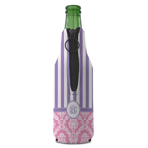 Pink & Purple Damask Zipper Bottle Cooler - BACK (bottle)
