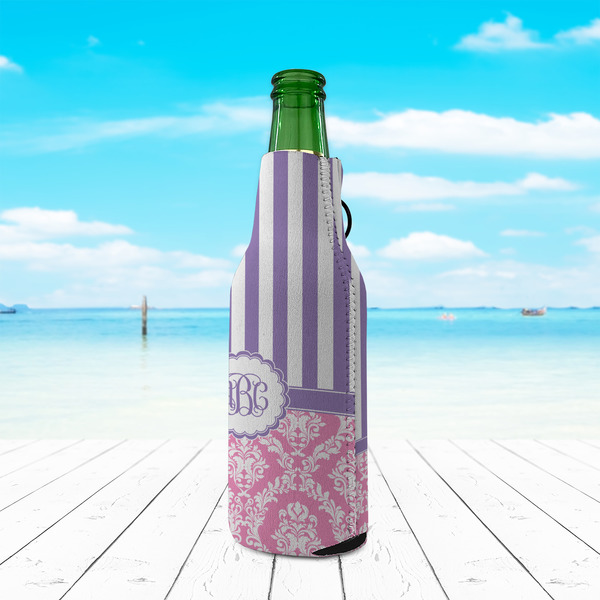 Pink & Purple Damask Zipper Bottle Cooler - LIFESTYLE