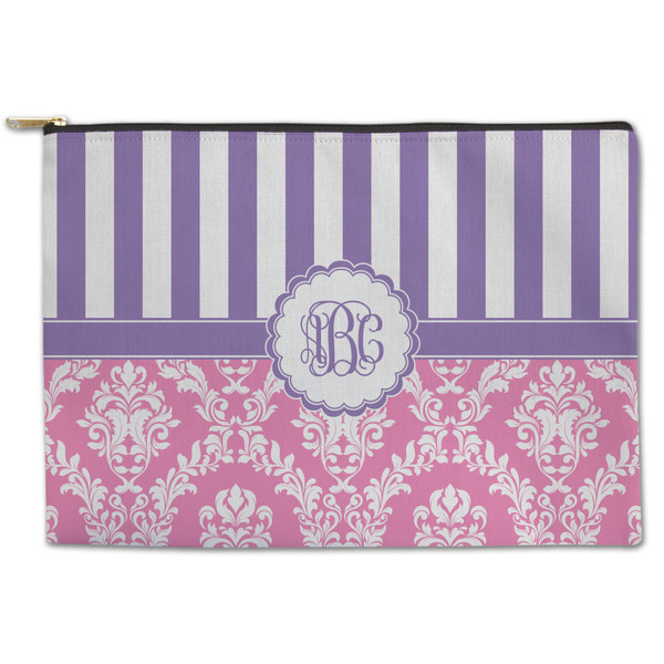 Custom Pink & Purple Damask Zipper Pouch - Large - 12.5"x8.5" (Personalized)