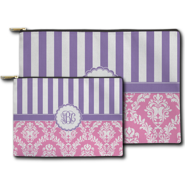 Pink & Purple Damask Zippered Pouches - Size Comparison