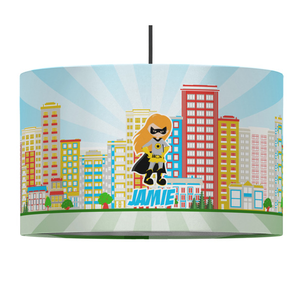 Custom Superhero in the City 12" Drum Pendant Lamp - Fabric (Personalized)