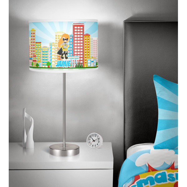 Superhero in the City 13 inch drum lamp shade - in room
