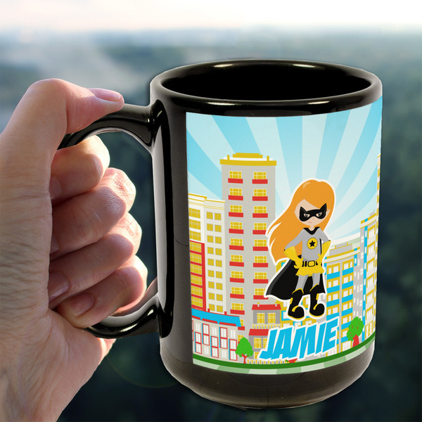 Superhero in the City 15oz. Black Mug - LIFESTYLE